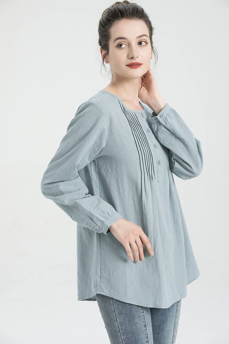 Minibee Women's Scoop Neck Pleated Blouse Solid Color Lovely Button Tunic Shirt Blue 2XL - Image 4